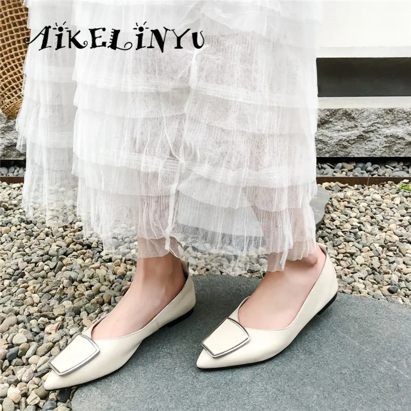 

AIKELINYU 2019 Comfortable Women Flats Cowhide Pointed Toe Casual Shoes Metal Decoration Black Slip-on Soft Office Lady Flats