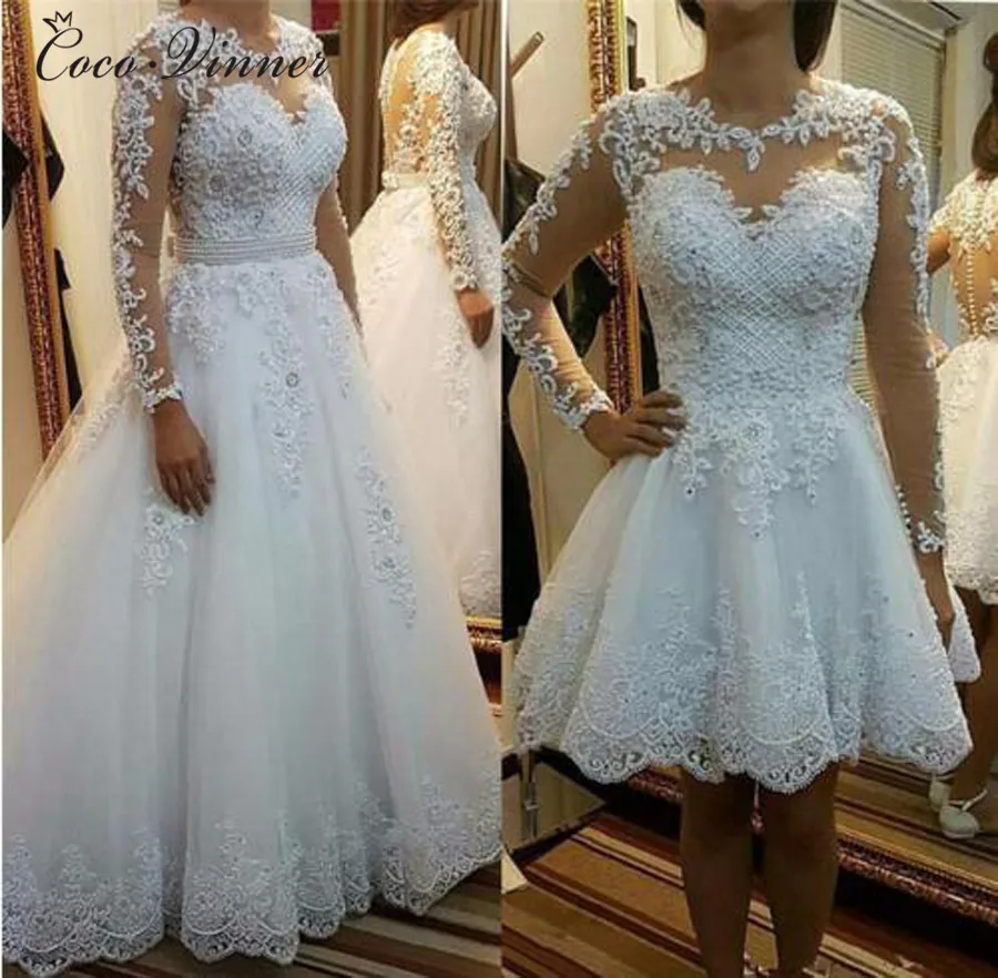 

Beautiful Pearls beading 2 IN 1 A line Wedding Dress 2019 Detachable Skirt Long Sleeve Illusion Lace Wedding Dresses W0278-B