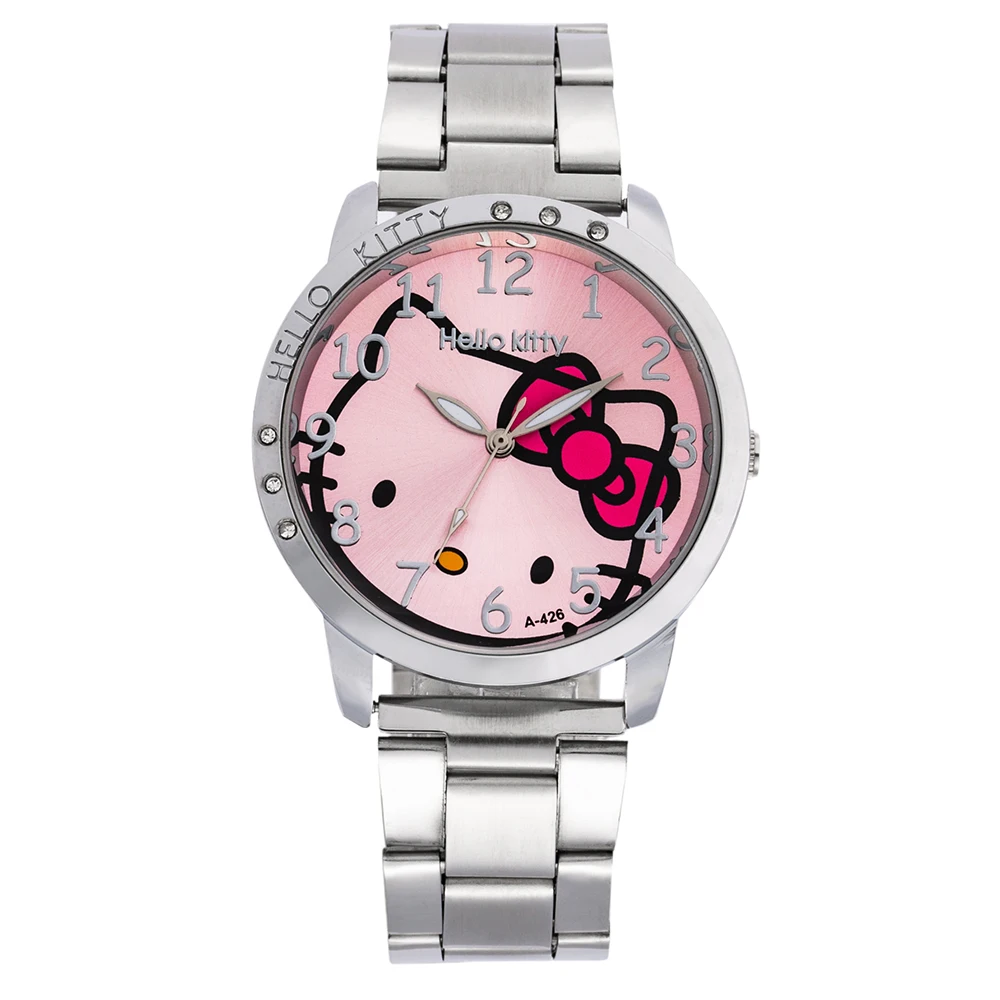 

TMC#237 New Stytle Hello Kitty Cartoon Silver Watches Steel Strap Analog Quartz Clock For Girls Students Hot Montre Enfant 2019