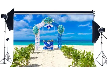 

Wedding Decoration Backdrop Seaside Sand Beach Backdrops Green Plants Fresh Flowers Arch Table Background