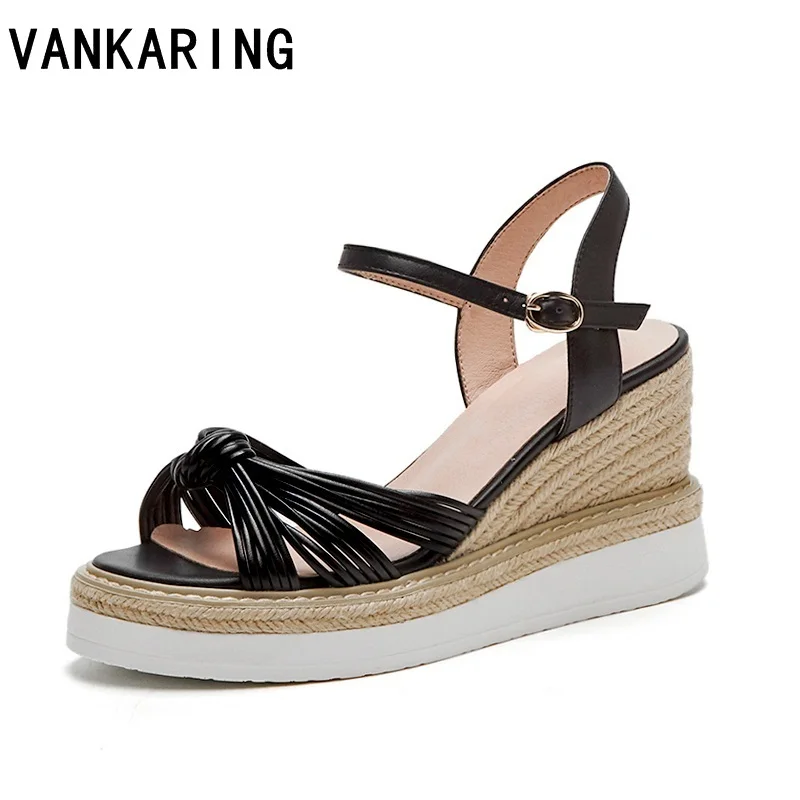 

VANKARING fashion genuine leather summer shoes woman wedges platform sandals new pink casual date shoes ladies dress party shoes