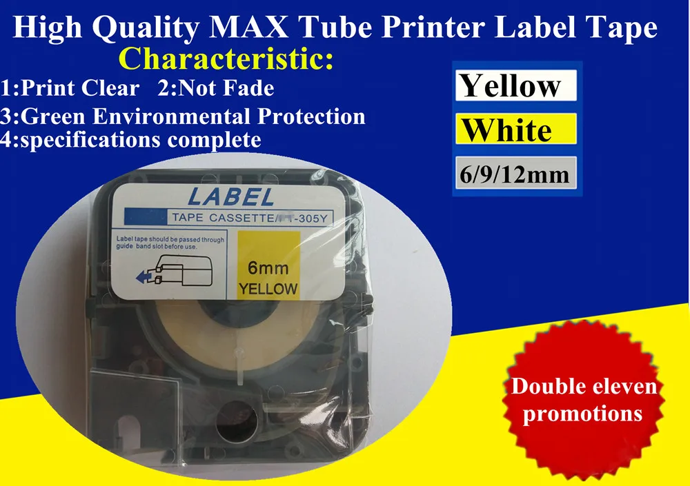Free Shipping Tube Printer Label Tape Cassette LM WX / PT305Y (6mm Yellow) For Cable Marker ID