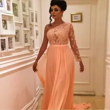 Custom Made One Shoulder Prom font b Dresses b font With sleeve Lace Appliques Beads Long
