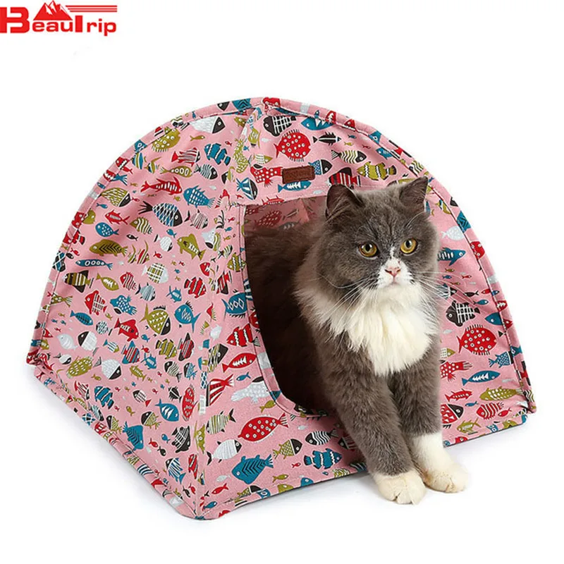 Pet Tents Dog Cat Bed Houses Fish Pattern Cotton Canvas Pets Tent Cats