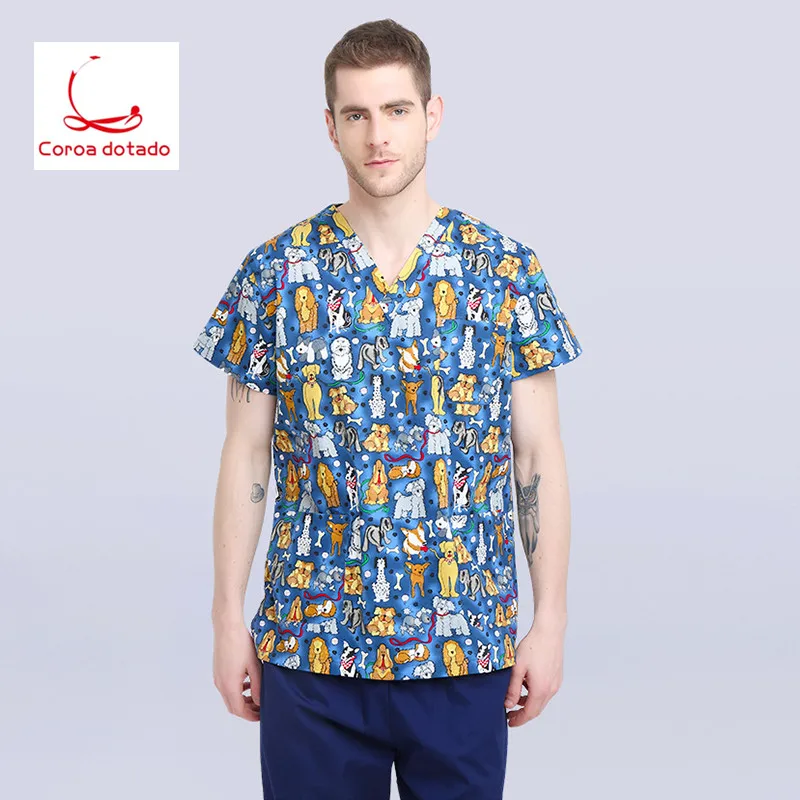 

2019Veterinary Workwear Puppy Pattern Printing Surgical Gown Medical Professional Uniform Set Pet Hospital Doctor Nurse Uniform