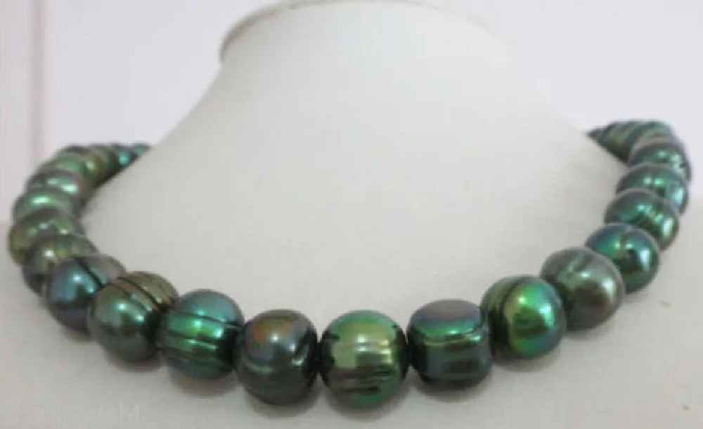 

shipping natural 11-12mm tahitian baroque peacock green pearl necklace 17" 14k yellow @