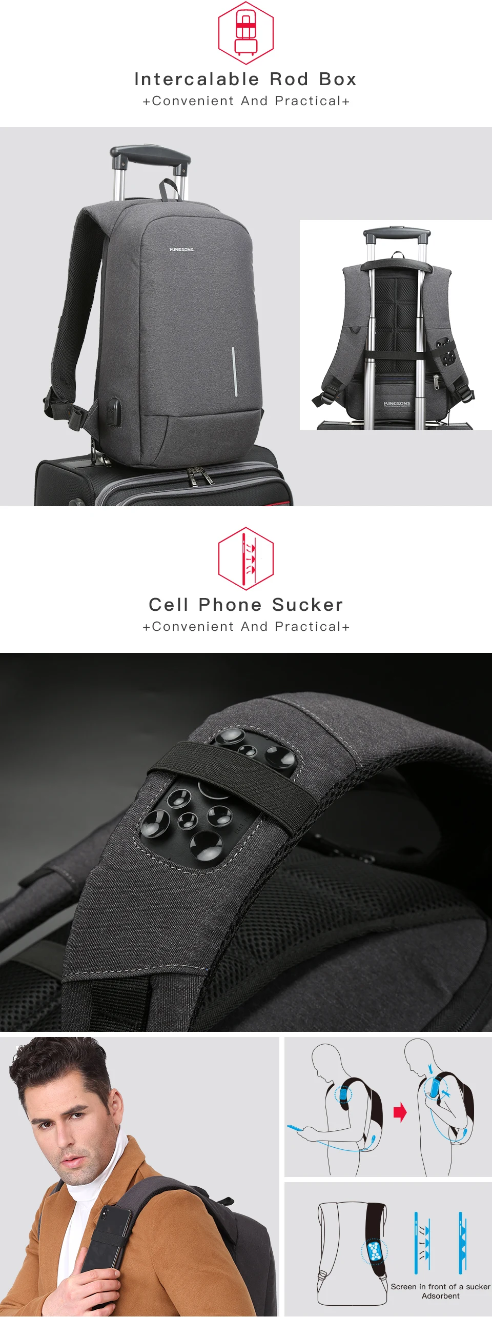 Kingsons New Fashion Backpacks Anti-theft Lock Backpack Phone Sucker Laptop Bags 13''15'' USB Charging Backpacks School Bag