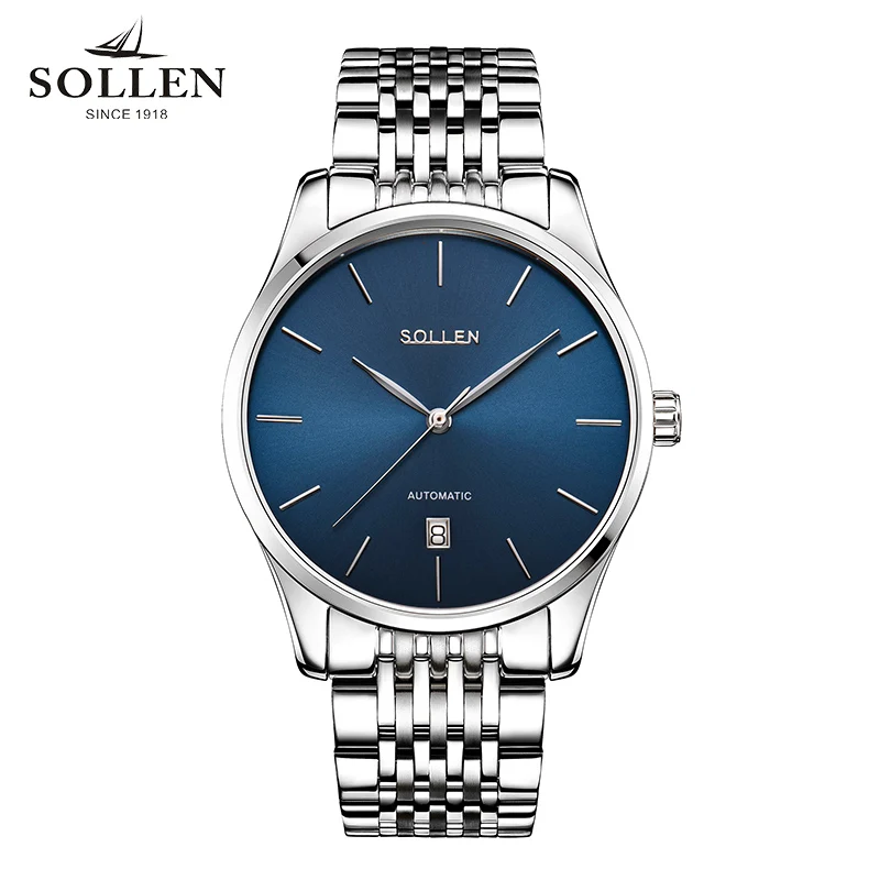 

Top SOLLEN Brand Luxury Men Business Watches Automatic Mechanical Stainless Steel Band Simple Style Men's Watch Clock Relogio
