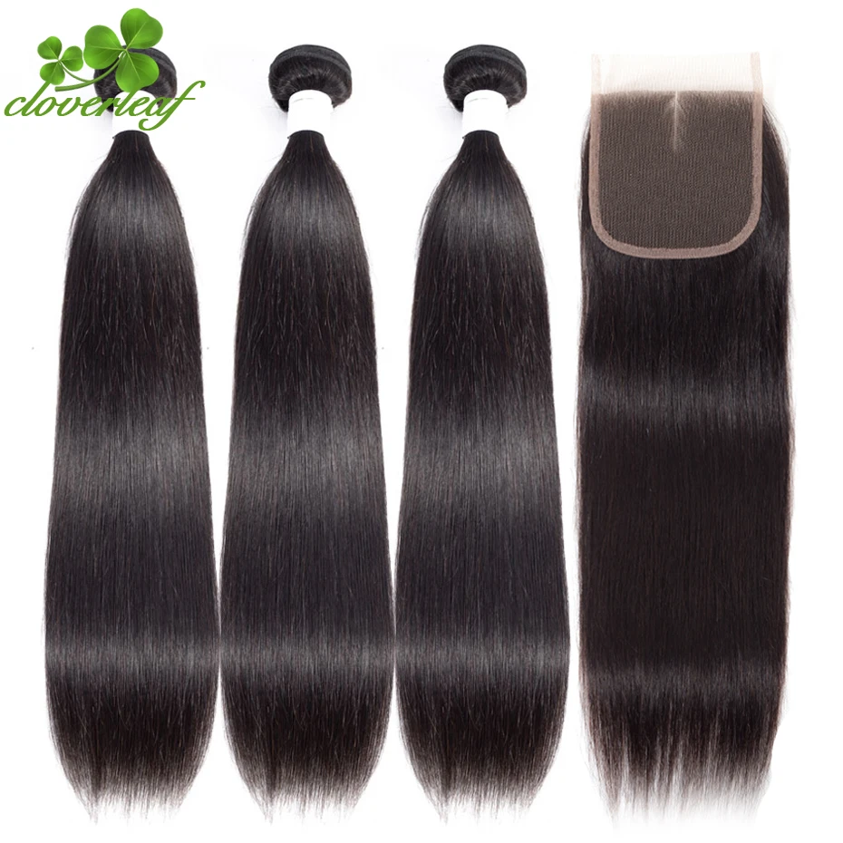 Малайзии шелковистые прямые 3 Связки натуральные волосы с закрытием кружева 4*4 Бесплатный Ближний трех частей естественный Цвет Волосы remy