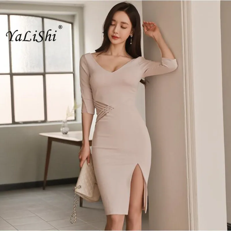 Новые офисные платья для женщин 3/4 рукав v-образным вырезом Bodycon винтажное платье с переплетением платья разрезное сексуальное платье-карандаш вечерние платья