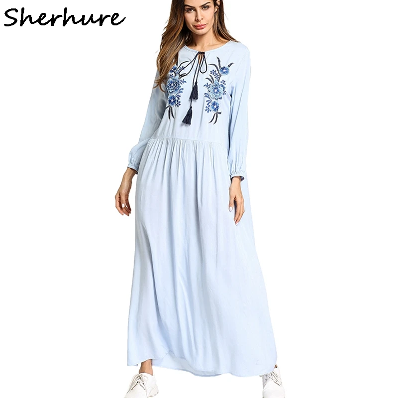 

2018 Women Long Dress Flower Embroidery Patch O-Neck Women Blue Maxi Dress Vestidos Oversize Women Big Size Cotton Dress