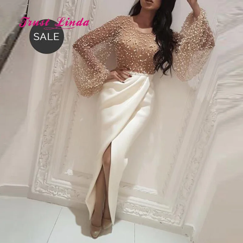

Modest Long Sleeves Dress Women Wedding O Neck Floor Length Beaded Prom Dress Elegant Wedding Dress Guest