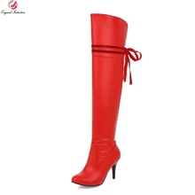 Оригинальное предназначение; модные женские сапоги выше колена; стильные сапоги с острым носком на тонком каблуке; цвет черный, белый, красный; женская обувь; большие размеры