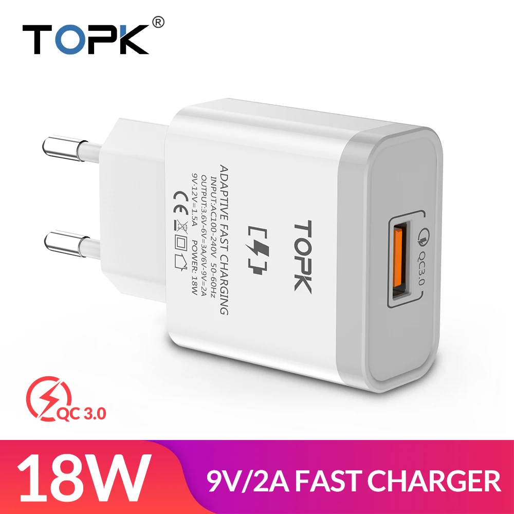 

TOPK B126Q 18W Quick Charge 3.0 Fast Mobile Phone Charger EU Plug Wall USB Charger Adapter for iPhone Samsung Xiaomi Huawei
