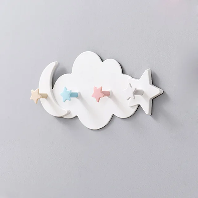 Creative Cute Star Moon Cloud Shape Nail-free Wall Clothes Hooks: A Perfect Decorative Key Hanging Hanger for Kids Room and Kitchen Storage