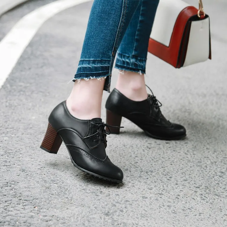 US4-11 Женская обувь в стиле ретро в стиле "Лолита" Мэри Джейн высоком квадратном массивном каблуке со шнуровкой туфли "Оксфорд" с перфорацией типа «броги»; Винтаж туфли-лодочки, 4 Цвета размера плюс A515 - Цвет: Black
