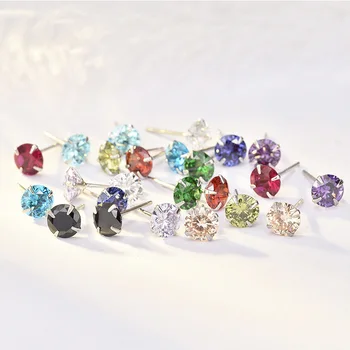 

Romantic 925 Sterling Silver Stud Earrings 12 colors 5A Grade Cubic Zirconia Stone ear studs Birthday Christmas Gift