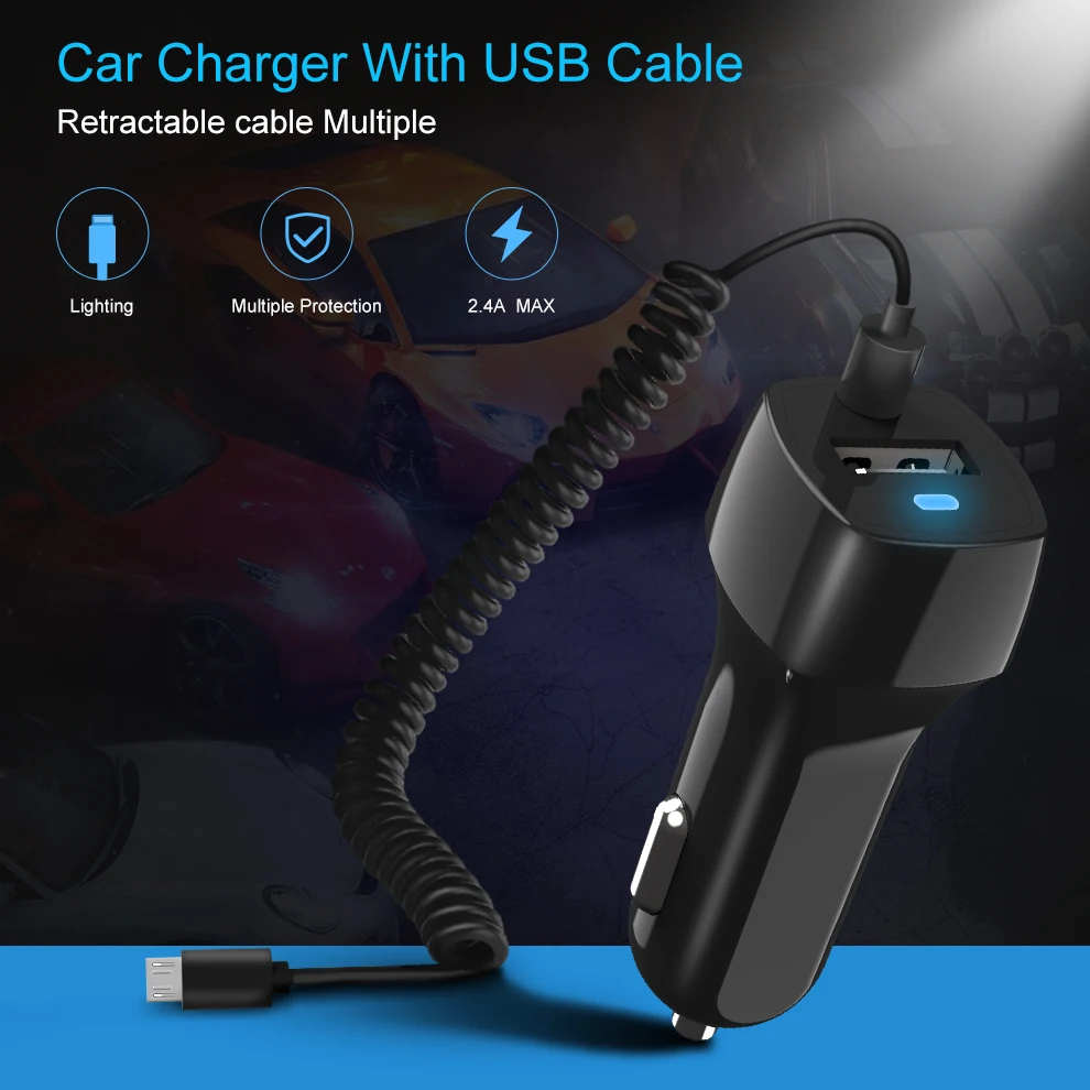 SeenDa Universal Car Charger with Cable Cellphone USB Fast Charger For Samsung S9 S8 Plus S6 S7 Edge Plus For iPhone 6 6s 7 8