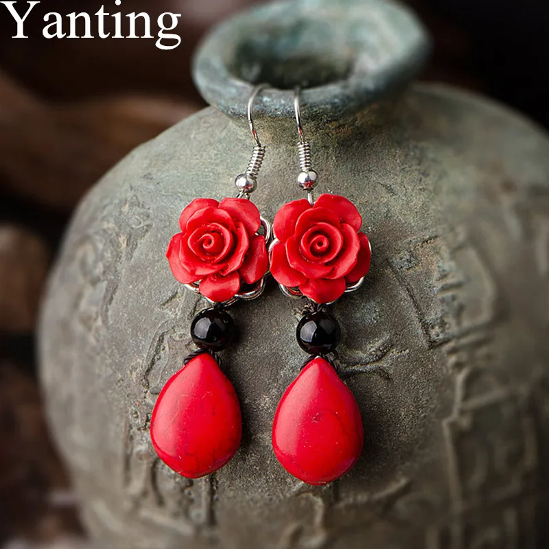 

Yanting Manmade Cinnabar Flower Earrings For Women Bridal Water Drop Stone Earings Brincos Chinese Style Statement Earrings 0408