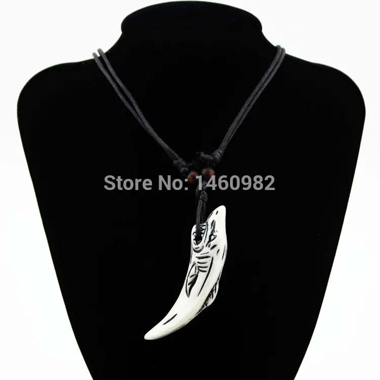 Прохладный мальчик Мужская кость яка ручной резной белый зуб акулы кулон ожерелье деревянные бусины Регулируемая Веревка YN143