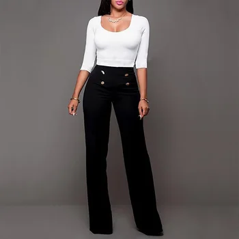 

Women High Waist Wide Fashion Leg Pants Button Slim Solid Plus Flare Pants Casual Office Lady Loose Stretch Women's Long Pants