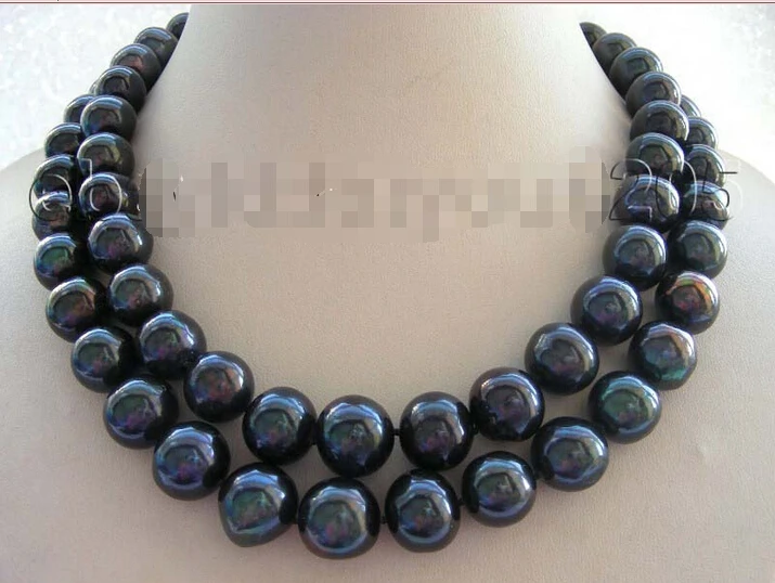 

FREE SHIPPING 18" genuine Double Natural 12-15mm Black Round Pearl necklace 9 zircon #f1641! (A0501)