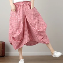Летняя женская Свободная тонкая хлопковая клетчатая винтажная повседневная юбка Jupe Longue Необычные складные Большие Размеры Мешковатые Облегающие юбки CK989