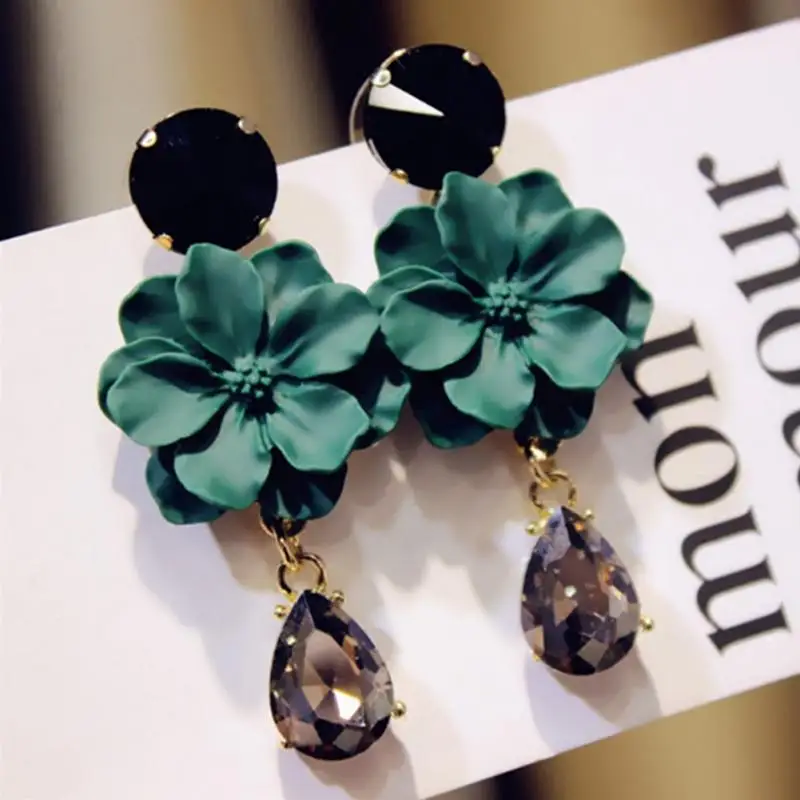 

Vintage Natural Stone Black Crystal Big Earring For Women Fashion Jewelry Green Flower Dangle Drop Earrings