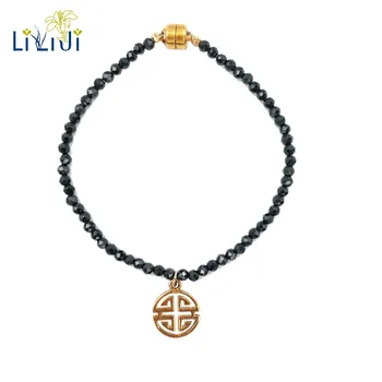 

Lii Ji Natrual Black Spinel Faceted Beads 925 Sterling Silver Gold Color Happiness Lucky Charm Fashion Sparkling Bracelet