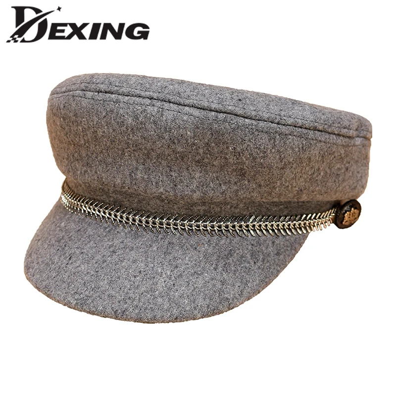 

2018 wool omen Metal Chain Military Beret Hats Sailor Caps Flat Casquette Militaire Stylish Decoration Captain Cotton Naval Cap