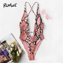 Romwe, спортивный, змеиный принт, глубокий v-образный вырез, Цельный купальник, летняя, беспроводная, сексуальный, Цельный купальник, Женский Монокини, белый, купальник