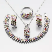 925 пробы серебро 4 шт. Ювелирные наборы для женщин многоцветный циркон серьги кольцо кулон ожерелье браслет подарочная коробка W290