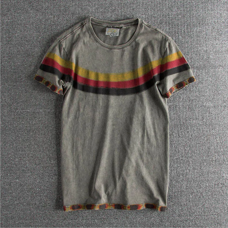 

New style washed in summer to make old pure cotton stripes original single-man short-sleeved T-shirt for foreign trade tops Tee