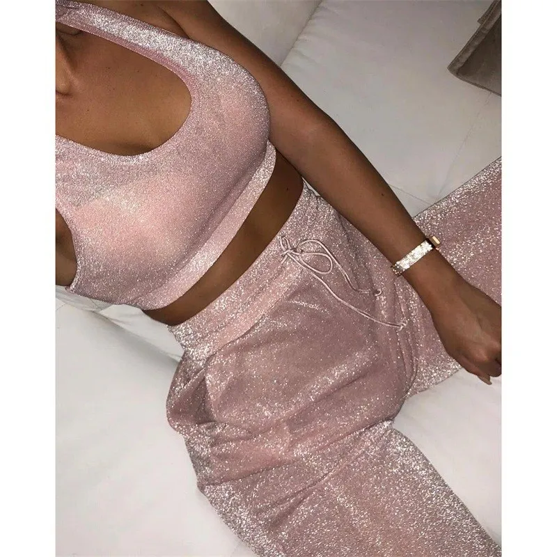 

Women Spring Tank Tops and High Waist Pants Two Piece Sets Drawstring Solid Shinning Crop Tops and Straight Pants Tracksuit Sets