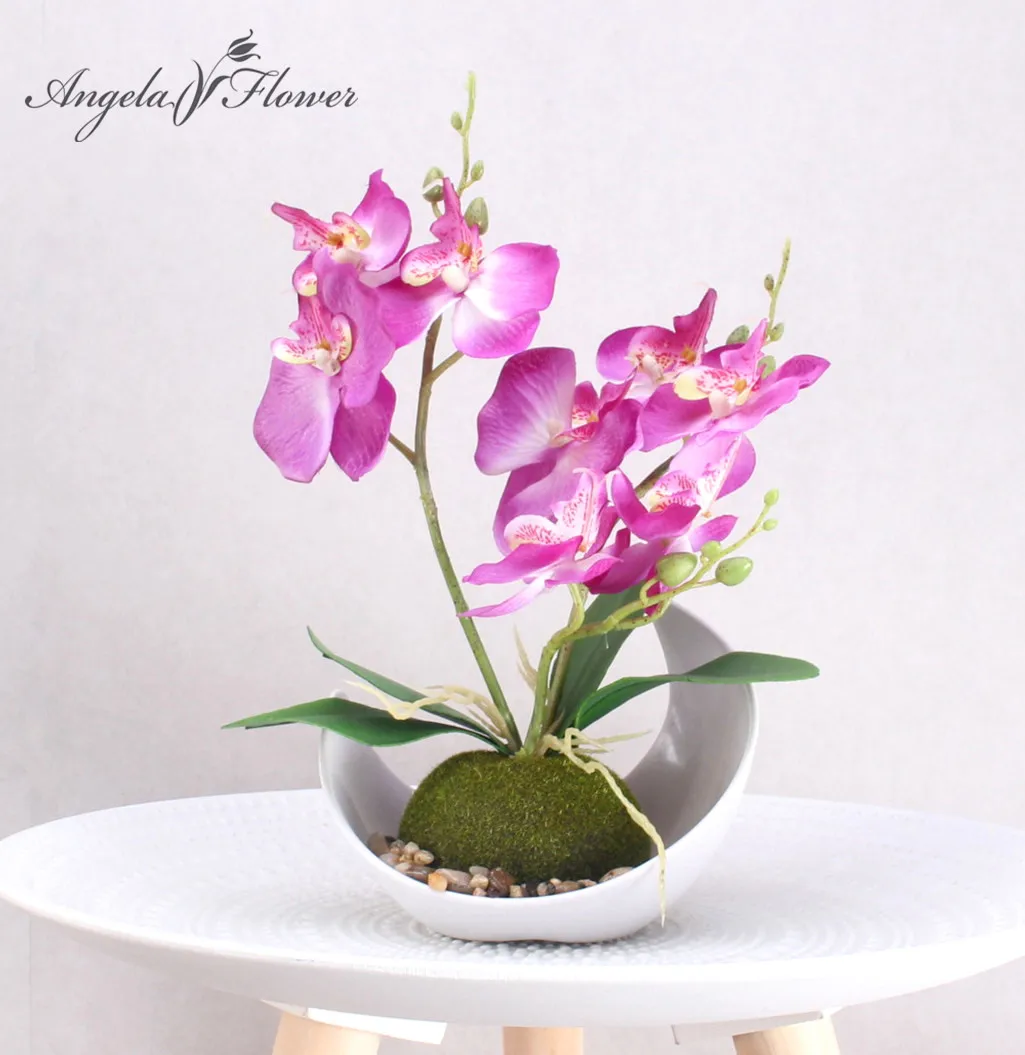 3BranchArtificialOrchidFlowerPottedPlantsSilkPhalaenopsisFoamLeafPlasticVaseFake