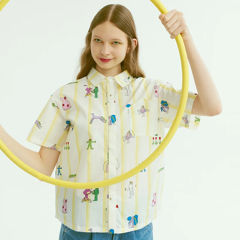 

Harajuku Original Design Summer Women Blouse Short Sleeve Cartoon Print Yellow Stripe Ladies Loose Shirt Tops Drop Shipping