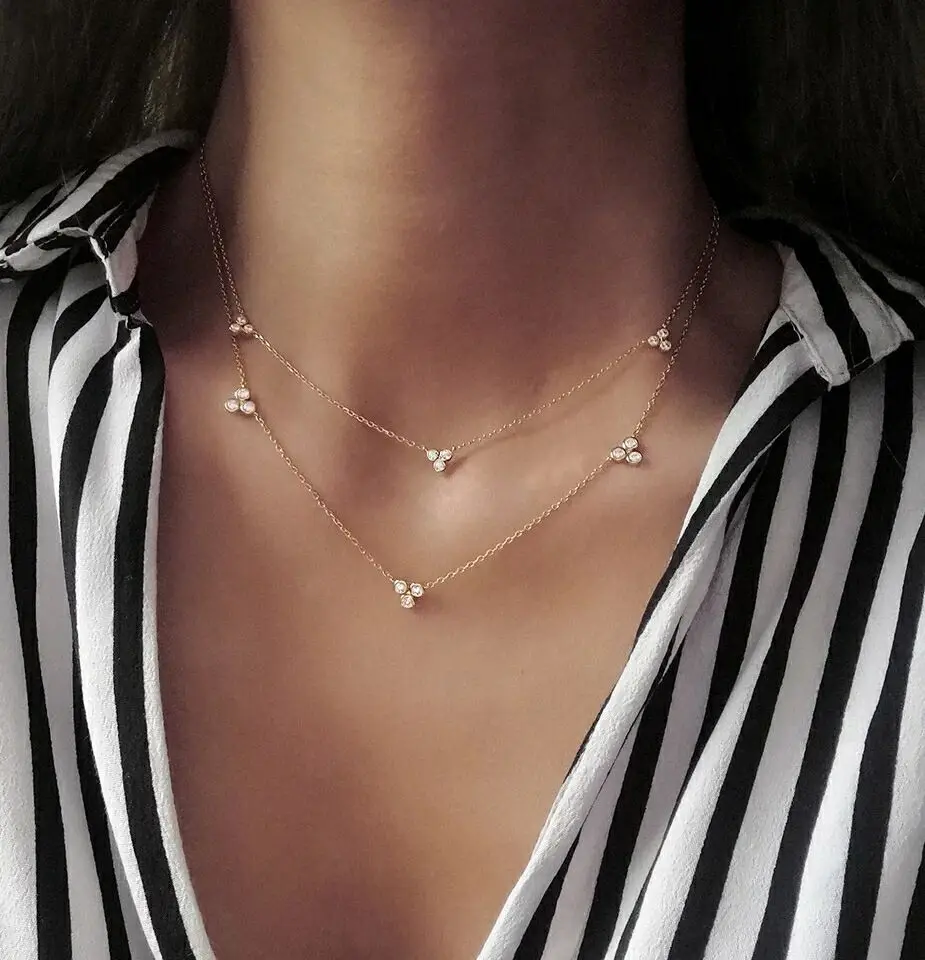 

2018 Thin delicaate chain geometric triangle cz charm 3 pcs bezel cz Rose gold color choker collarbone chain women necklace new