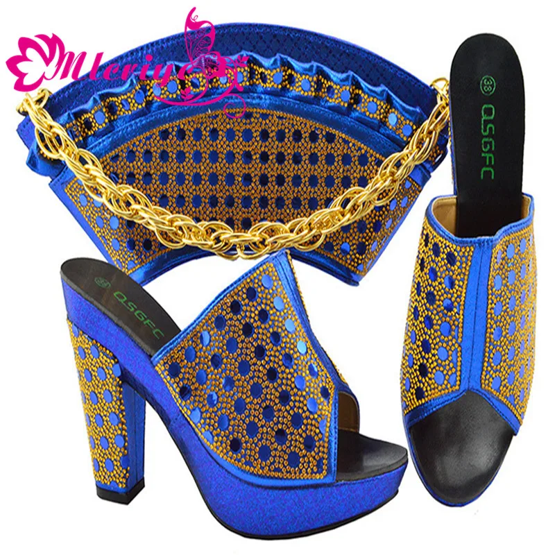 

Royal Blue Color African Women Matching Italian Shoe and Bag Set Decorated with Rhinestone Nigerian Shoes and Bag Set