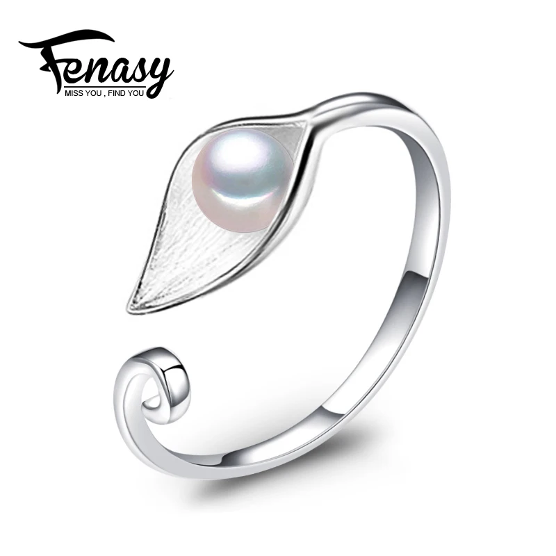 

FENASY leaf rings Pearl jewelry,rings for women,925 sterling silver ring,semi round pearl beads Fine Jewelry with gift box