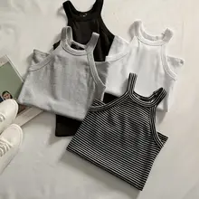 1 шт., женское летнее без рукавов, Холтер, круглый вырез, майка, винтажный полосатый топ, ребристый Топ, базовый спортивный плотный жилет