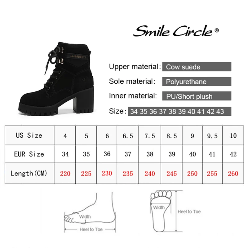 Smile Circle big size 33-43 Suede Leather Chunky Boots Women High Heel Shoes Autumn Winter Lace-up Lady Shoes platform boots