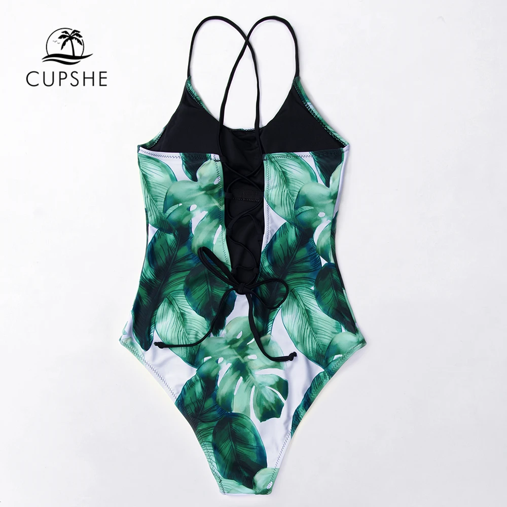 Günstig CUPSHE Tropical Blätter Spitze Up Einteiliges Badeanzug Frauen Boho Monokini Badeanzüge 2020 Mädchen Strand Bademode
