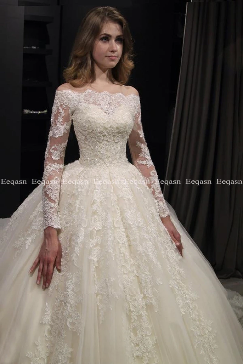 US $143.37 Luxury Ball Gown White Long Sleeves Wedding Dresses 2020 Muslim Lace Dubai Arabic Wedding Gown Bride Dress Robe De Mariee