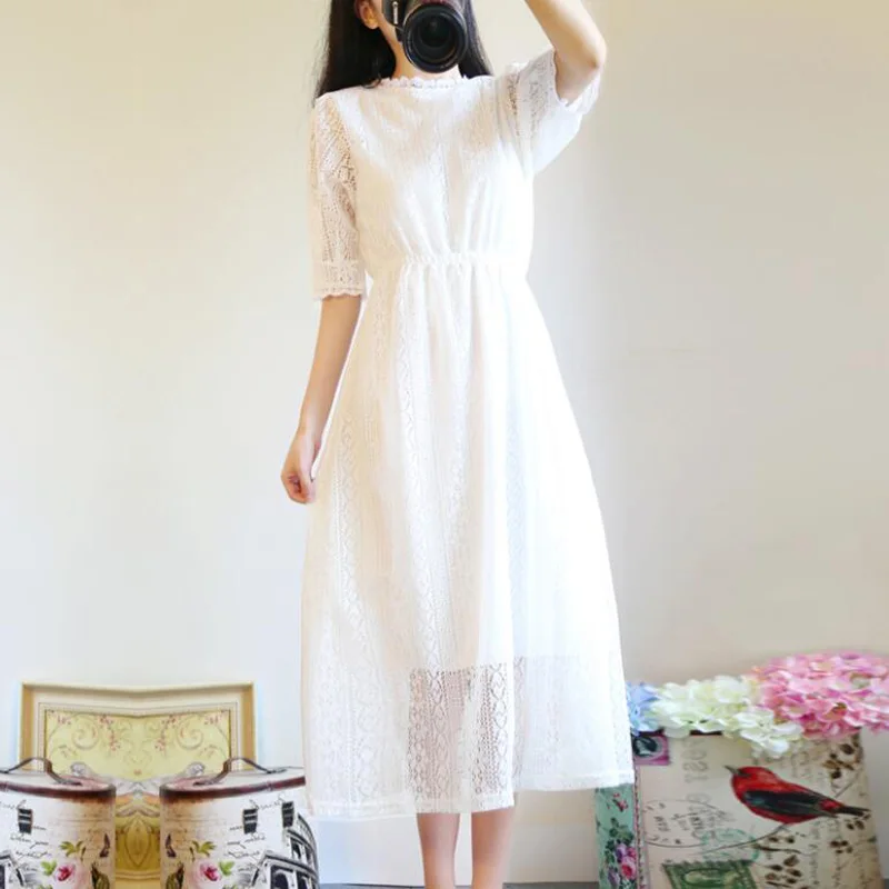 

Summer Mori Girl Women White Lace Dress Korean Chic Sweet Lace Up Slim Vestidos Longo Half Sleeve Elegant Preppy Midi Dress