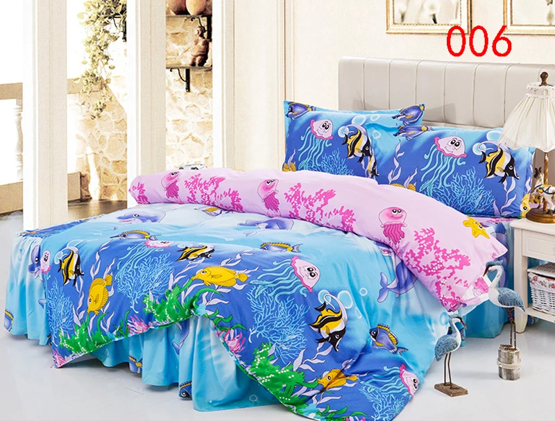 Twin Full Queen Fish Polyester Bed Skirt 4Pcs Bedding Set Bed Dust Ruffle Set Bedclothes Sets Duvet Cover Quilt Cover Pillowcase