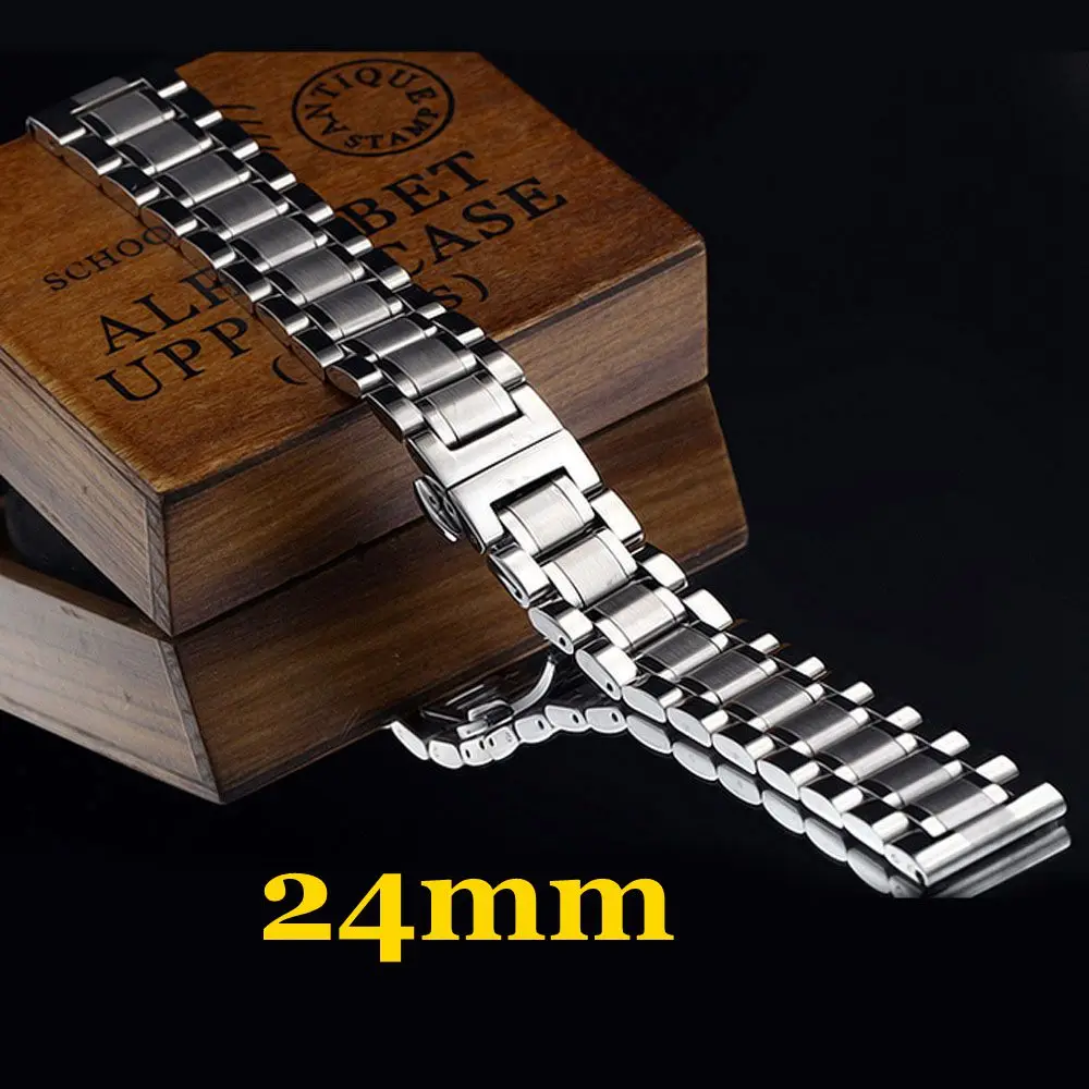 

24mm Mens Silver Solid Stainless Steel Wrist Watch Band Strap Watchband Replace Band With 2 Spring Bars For Watches