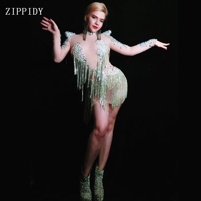 Summer Mesh Sexy Pearls Crystals Chains Dress See