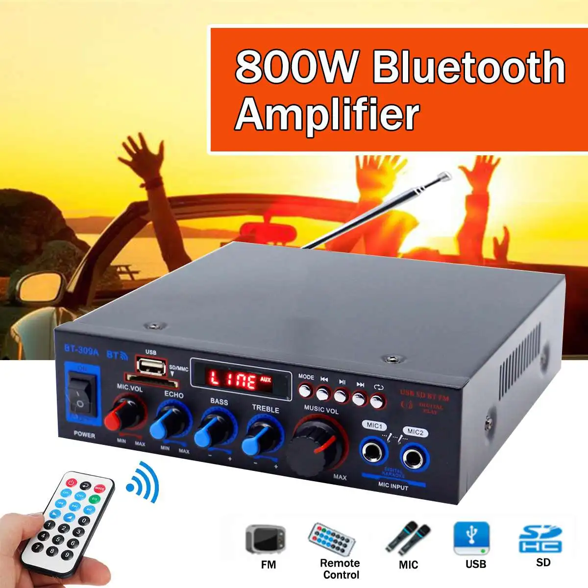 Усилитель bluetooth 800 Вт 110 В/220 В DC 12 AUX вход USB SD домашний кинотеатр усилители