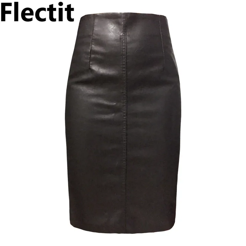 black PU leather midi knee length skirt