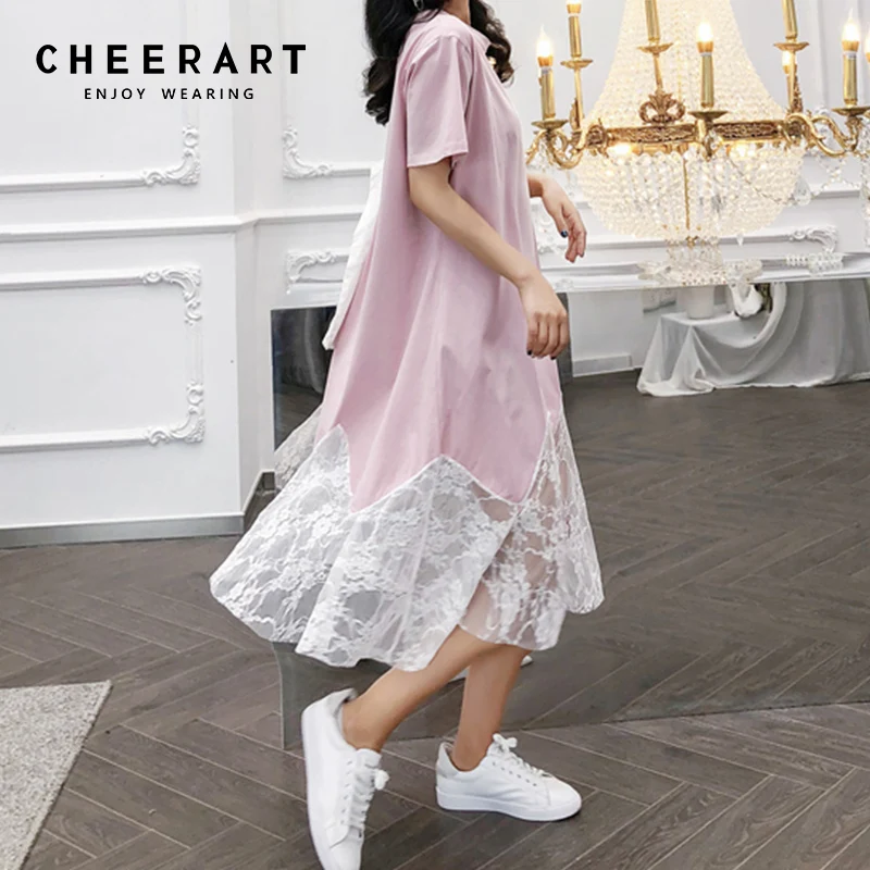 Cheerart размера плюс длинное розовое платье женское лоскутное белое кружевное